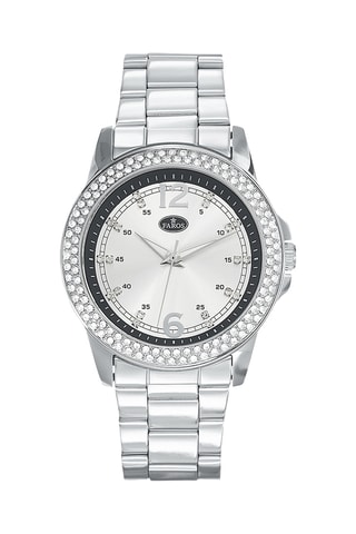 Stalen Quartz Horloge met Zirkonia’s - Zilverkleurig en Marineblauw