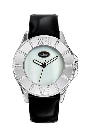 Leren en Parelmoeren Quartz Horloge - Zwart en Zilverkleurig