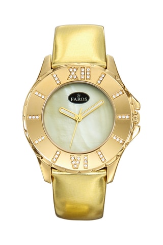Leren en Parelmoeren Quartz Horloge - Goudkleurig en Wit