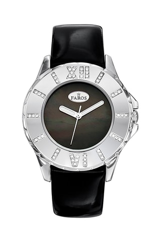Leren en Parelmoeren Quartz Horloge - Zwart en Zilverkleurig