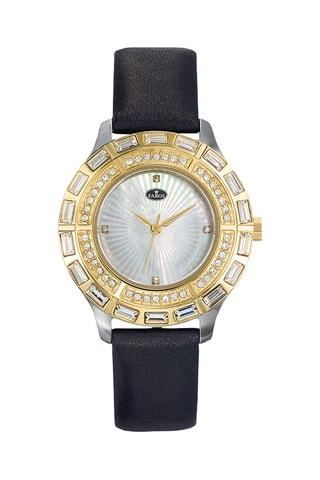 Leren en Parelmoeren Quartz Horloge - Zwart en Goudkleurig