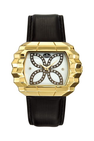 Leren en Parelmoeren Quartz Horloge - Zwart en Goudkleurig