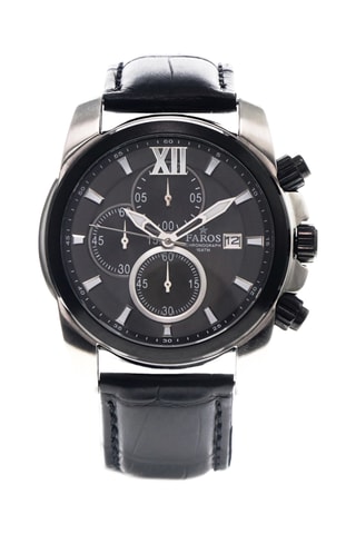 Leren Quartz Horloge - Chronograaf - Zwart en Zilverkleurig