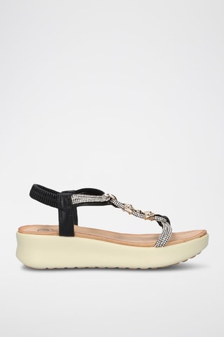 Sandales à talons plateformes - Noir, beige et argenté