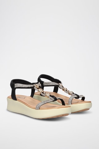 Sandales à talons plateformes - Noir, beige et argenté