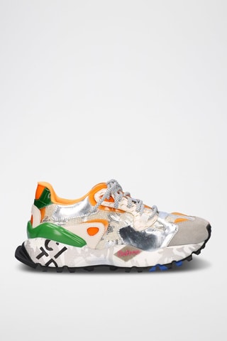 Sneakers platform in pelle - Verde, arancione e grigio