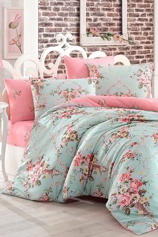 Parure de couette en coton 48 fils/cm² Alanur - Vert d'eau et rose