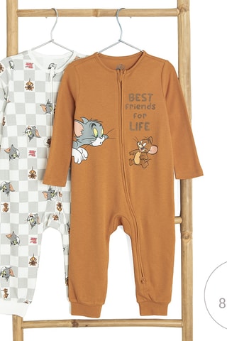 2 grenouillères Tom et Jerry -  Gris clair et marron