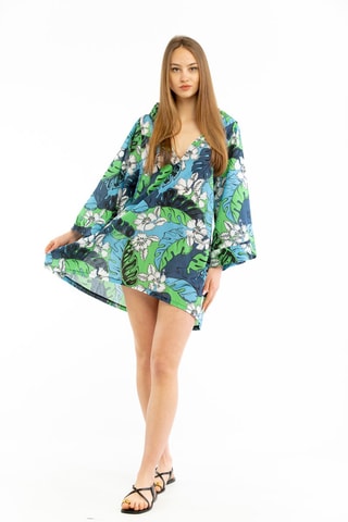 Caftán con capucha - Azul y verde