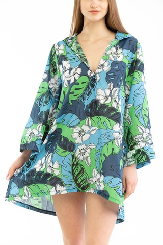 Caftán con capucha - Azul y verde