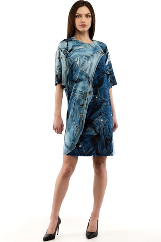 Vestido recto de lana - Blanco, negro y azul