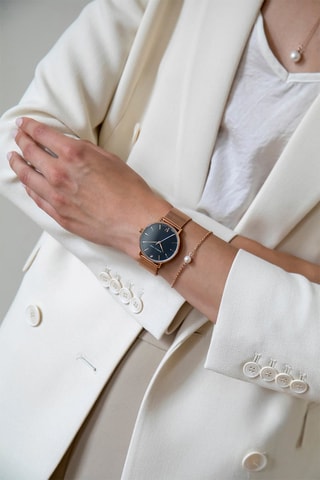 Set Stalen Quartz Horloge, diamanten, oorbellen en fijne parels Florence