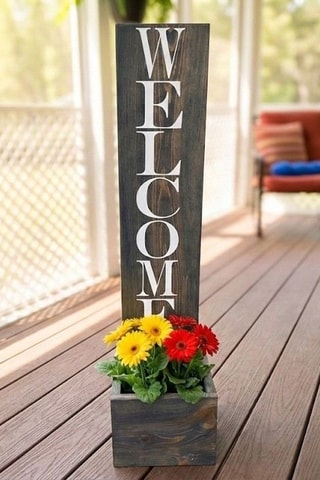 Enseigne de bienvenue d'extérieur  en bois massif et pin - 22 x 100 x 18 cm - Noir