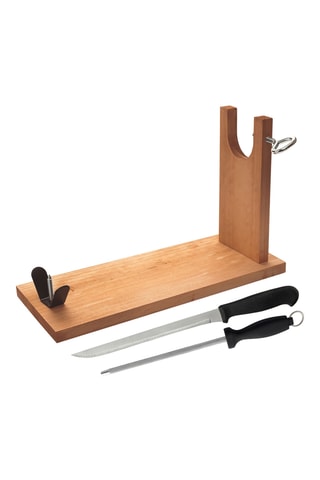 Faca e suporte para presunto em madeira e aço inoxidável