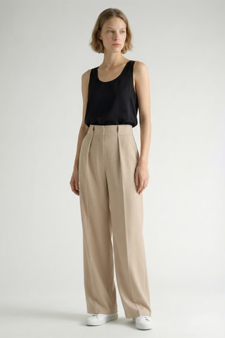 Pantaloni wide legs a vita alta in lana - Beige