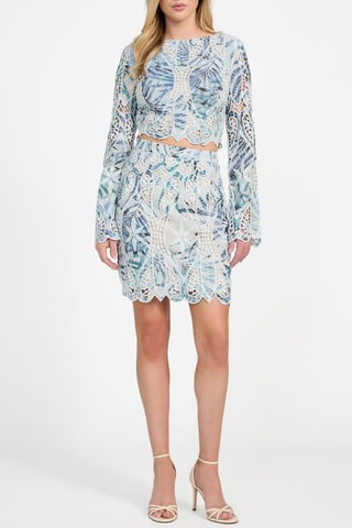 Jupe fourreaux taille haute en broderie anglaise Anastasia - Bleu et blanc