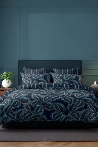 Parure copripiumino in raso di cotone 80 fili/cm² Calathea - Blu notte e verde scuro