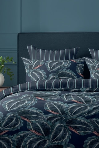 Parure copripiumino in raso di cotone 80 fili/cm² Calathea - Blu notte e verde scuro