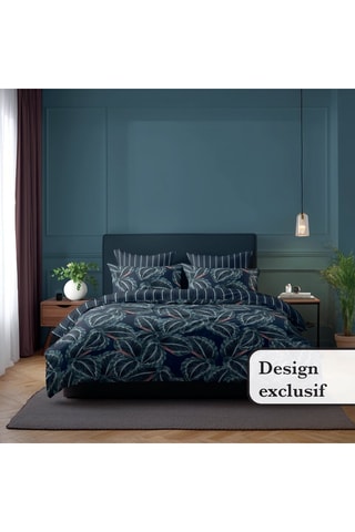 Parure copripiumino in raso di cotone 80 fili/cm² Calathea - Blu notte e verde scuro