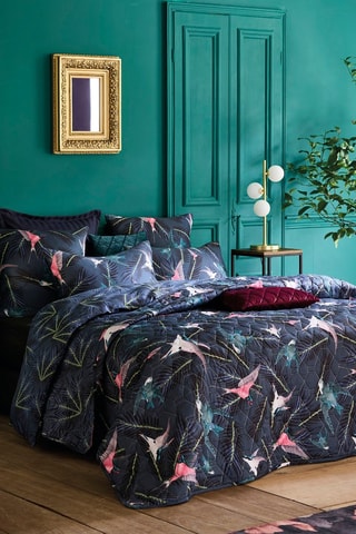 Parure copripiumino in raso di cotone 80 fili/cm² Hirondelles - Blu notte e rosa