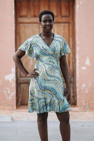 Robe portefeuille - Beige et bleu