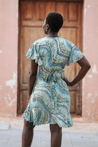 Robe portefeuille - Beige et bleu