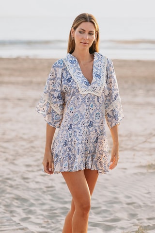 Jurk met Ruches - Beige en blauw