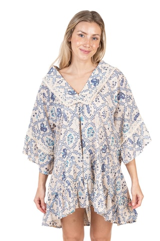 Jurk met Ruches - Beige en blauw