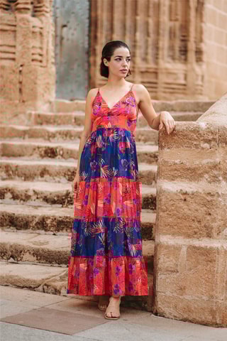 Lange Jurk - Rood, blauw en oranje