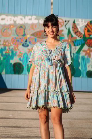 Robe volantée - Bleu et orange