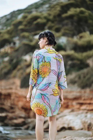 Blouse-jurk - Blauw, geel en roze