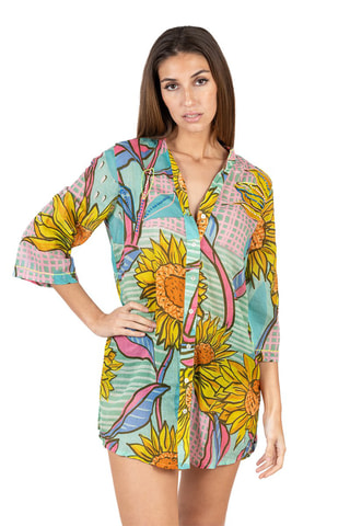 Blouse-jurk - Blauw, geel en roze