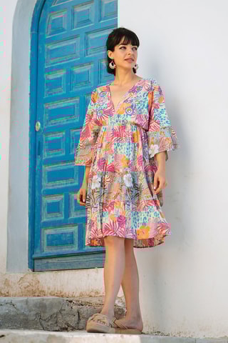 Jurk met Ruches - Blauw, oranje en roze