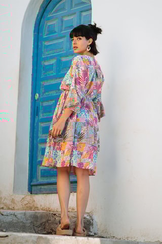 Jurk met Ruches - Blauw, oranje en roze