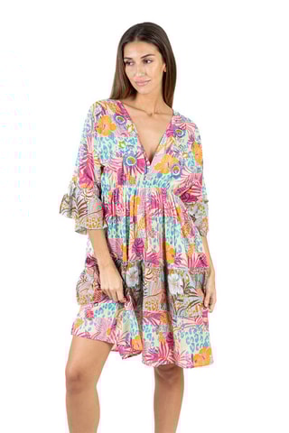 Jurk met Ruches - Blauw, oranje en roze