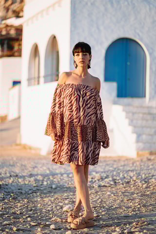 Jurk met Ruches - Beige en bruin