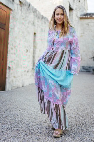 Lange Jurk - Blauw, bruin, paars en roze