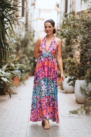 Lange Jurk - Blauw en roze