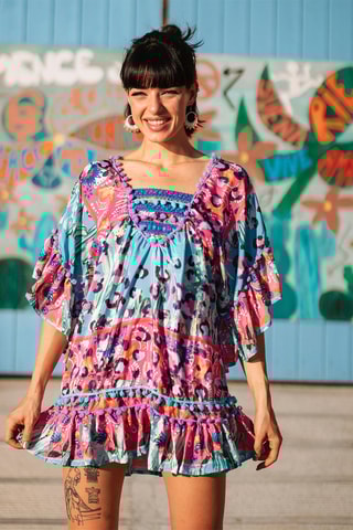 Jurk met Ruches - Blauw en roze