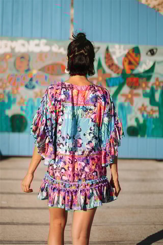 Jurk met Ruches - Blauw en roze