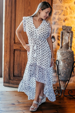 Wijduitlopende Jurk - Wit, zwart en geel