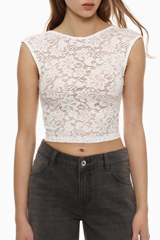 T-shirt cropped en dentelle - Blanc