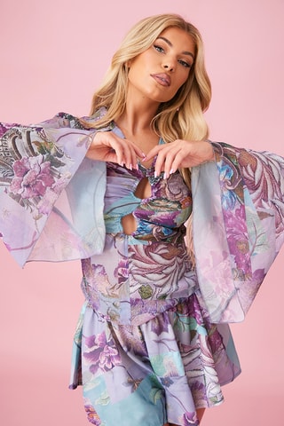 Vestido com folhos - Violeta-claro e azul-celeste