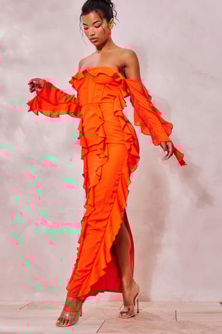 Vestido com folhos - Laranja