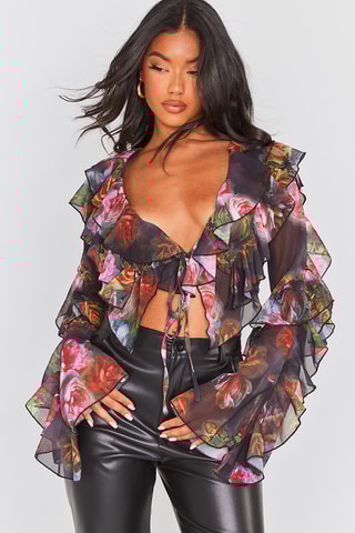 Crop top con volant - Nero