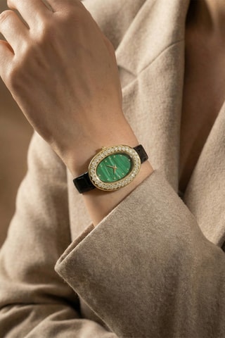 Montre à quartz en cuir et diamants - Noir et doré