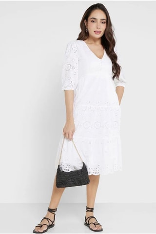 Vestido midi con bordado inglés Broderie - Blanco