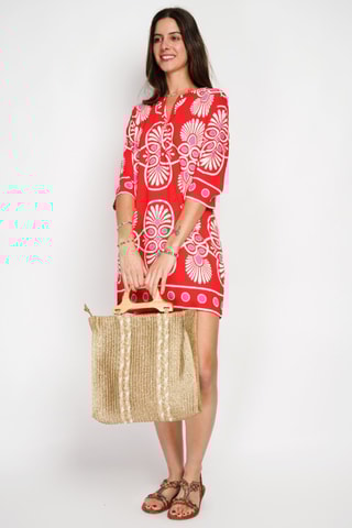 Abito midi in lino - Bianco, rosso e rosa