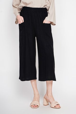 Pantaloni larghi a vita alta in lino - Nero