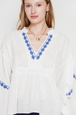 Blusa in lino - Celeste - Bianco